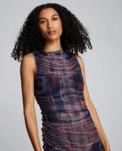 Printed Mesh Fully Ruched Modern Midi Dress><noscript><img width=