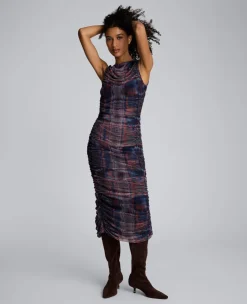 Printed Mesh Fully Ruched Modern Midi Dress><noscript><img width=