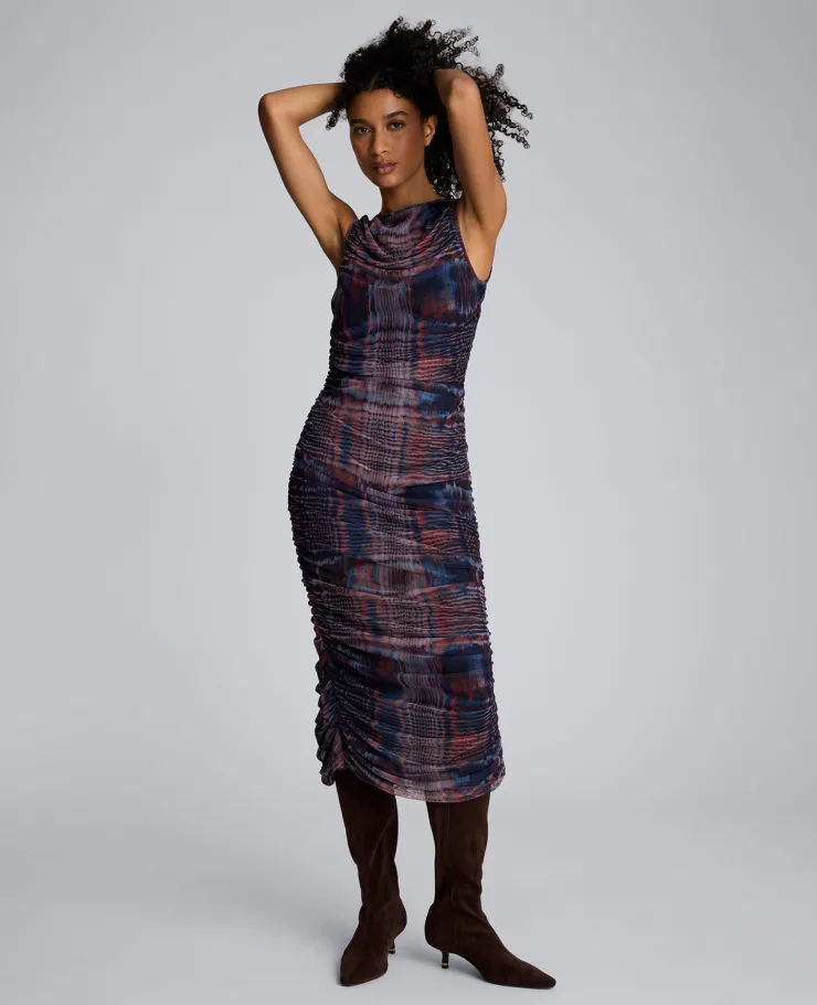 Printed Mesh Fully Ruched Modern Midi Dress>Kenneth Cole Clearance