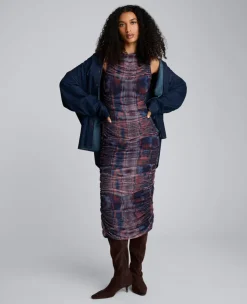 Printed Mesh Fully Ruched Modern Midi Dress><noscript><img width=