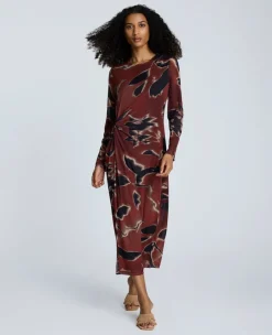 Printed Mesh Knot Front Long Sleeve Maxi Dress>Kenneth Cole