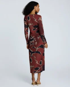 Printed Mesh Knot Front Long Sleeve Maxi Dress><noscript><img width=