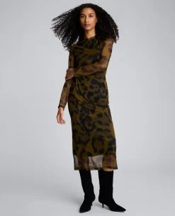 Printed Mesh Knot Front Long Sleeve Midi Dress>Kenneth Cole Clearance