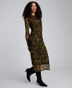 Printed Mesh Knot Front Long Sleeve Midi Dress><noscript><img width=
