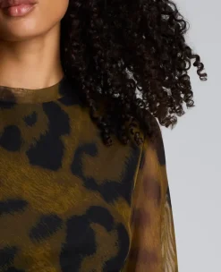 Printed Mesh Knot Front Long Sleeve Midi Dress><noscript><img width=