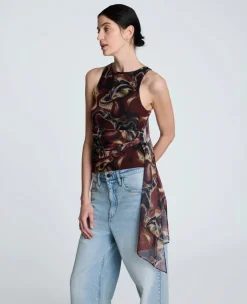 Printed Mesh Side Tied Tank Top><noscript><img width=