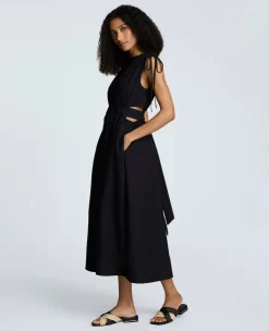 Rouched Waist Midi Dress with Tie Shoulders><noscript><img width=
