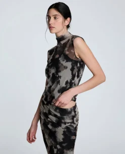 Side Rouched Printed Mesh Dress><noscript><img width=