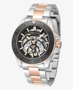 Skeleton Automatic Black Contrast Dial Two Tone Bracelet Watch><noscript><img width=