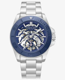 Skeleton Automatic Blue Contrast Dial Bracelet Watch>Kenneth Cole