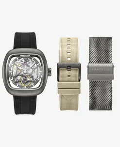 Skeleton Automatic Bracelet Watch with 3-Strap Set><noscript><img width=
