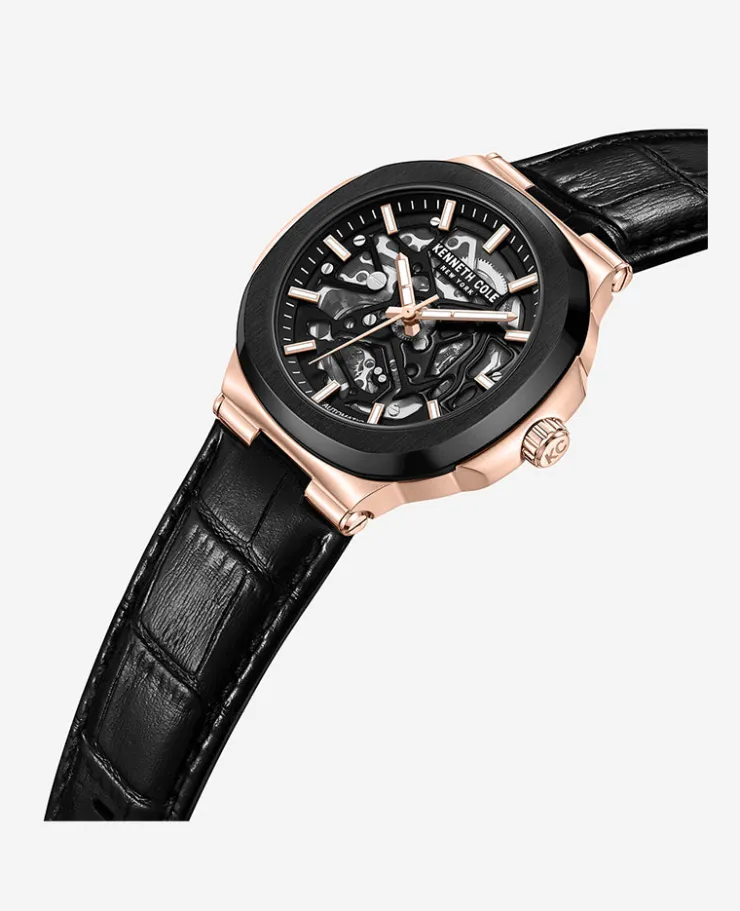 Skeleton Automatic Leather Strap Watch>Kenneth Cole Outlet