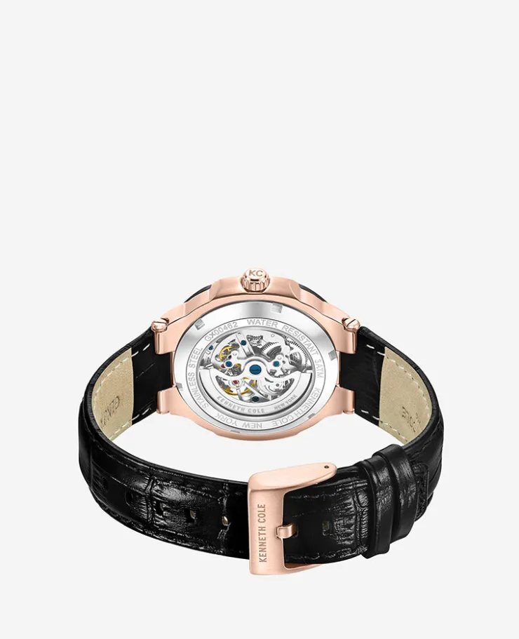 Skeleton Automatic Leather Strap Watch>Kenneth Cole Outlet