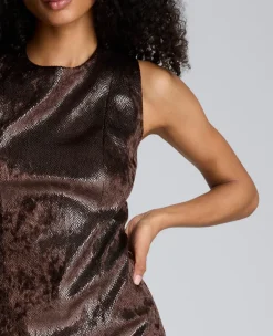 Snake Skin Textured Velvet Crew Neck Sheath Midi Dress><noscript><img width=