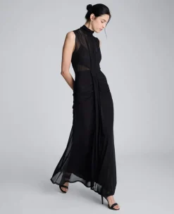 Solid Mesh Pleated Bodice Maxi Dress><noscript><img width=